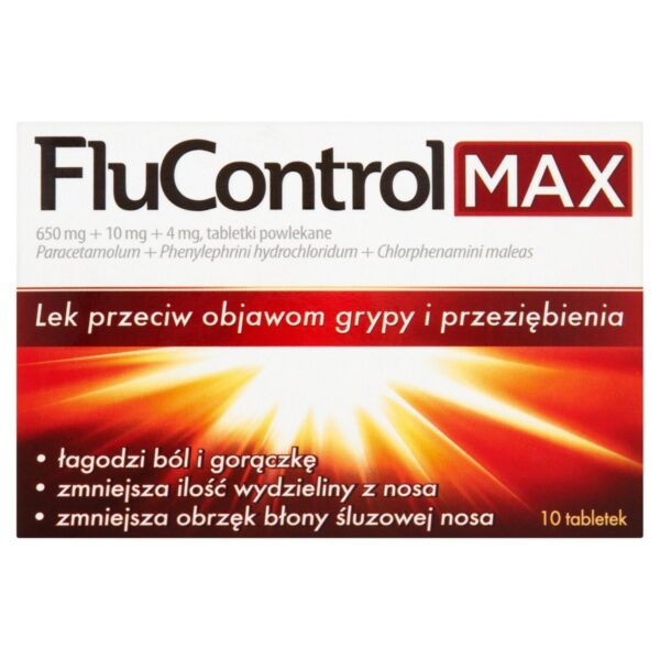 FluControl Max 650 mg + 10 mg + 4 mg Lek przeciw objawom grypy i przeziębienia 10 sztuk