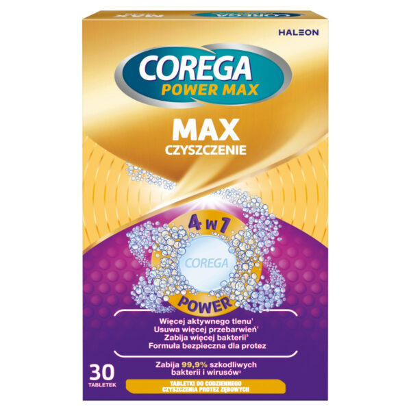 Corega Power Max Tabletki do codziennego czyszczenia protez zębowych max czyszczenie 30 sztuk