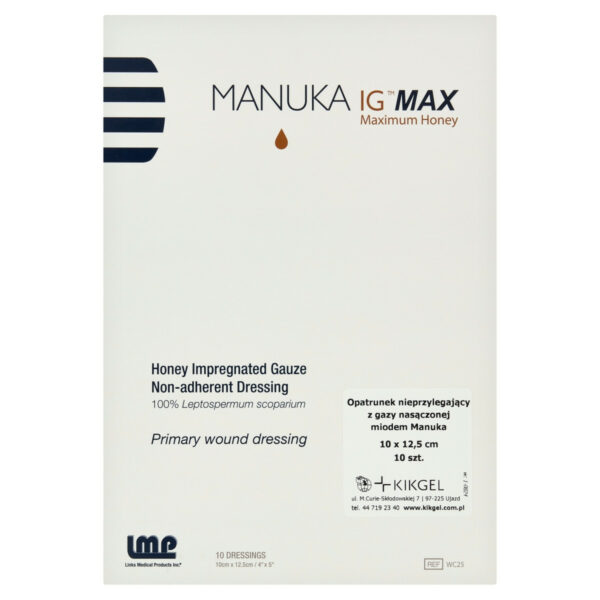 Manuka IG Max Opatrunek nieprzylegający z gazy nasączonej miodem manuka 10 x 12,5 cm 10 sztuk